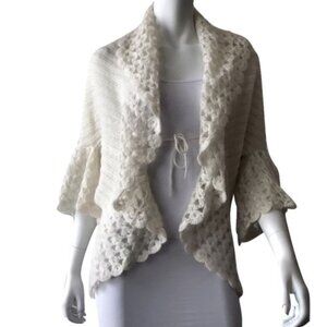 Cache Ivory Mohair Blend Open Front Shawl With Bell Sleeves & Scalloped Trim